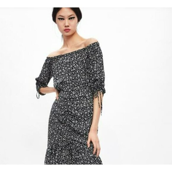 Zara Black White Floral Off Shoulder Midi Dress Ruffled With Rushing XS - Picture 6 of 15